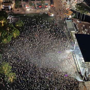 Aerial view of a concert at Gallagher Square